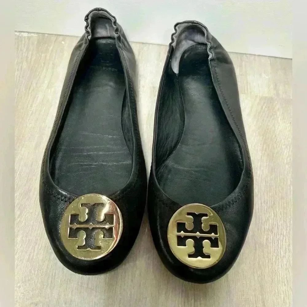 5. TORY BURCH Reva black leather gold metal logo detail ballet flats shoes 8.5